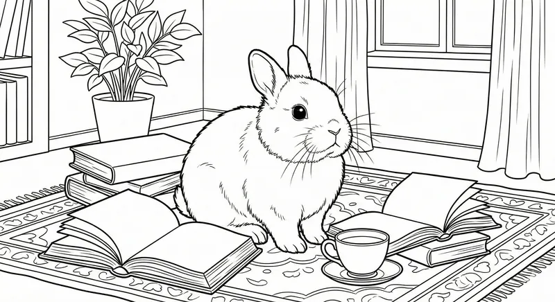 Cozy Bunny Reading Books Coloring Page