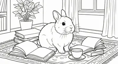 Cozy Bunny Reading Books Coloring Page