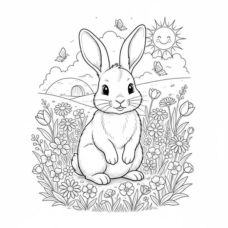 Cute Bunny Rabbit in Wildflower Meadow Coloring Page