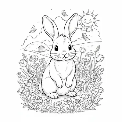 Cute Bunny Rabbit in Wildflower Meadow Coloring Page