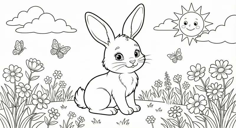 Cute Bunny Rabbit in Sunny Meadow Coloring Page