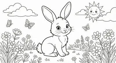 Cute Bunny Rabbit in Sunny Meadow Coloring Page