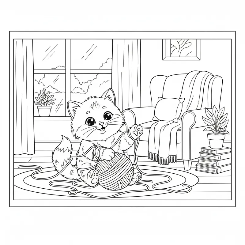 Charming Cat Playing with Yarn Coloring Page