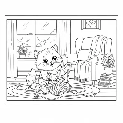Charming Cat Playing with Yarn Coloring Page