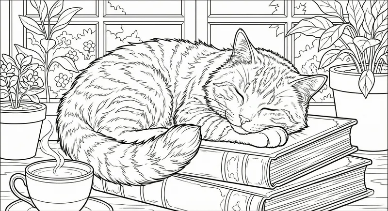 Cozy Sleeping Cat On Books Coloring Page