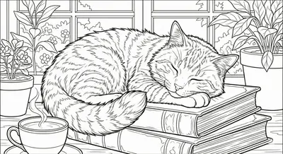Cozy Sleeping Cat On Books Coloring Page