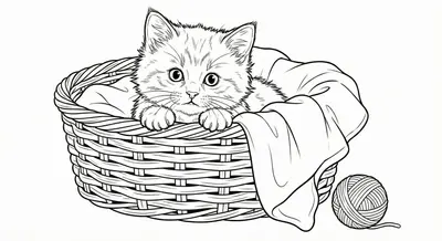 Kitten in a Basket Coloring Page for Kids
