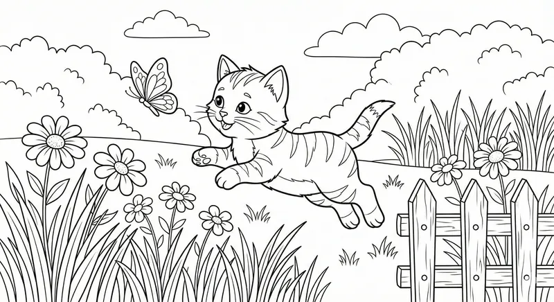 Playful Kitten Chasing a Butterfly in the Garden Coloring Page