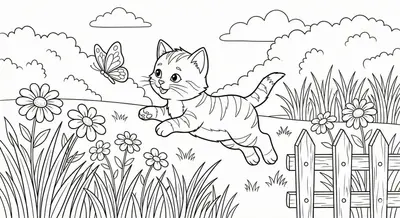 Playful Kitten Chasing a Butterfly in the Garden Coloring Page