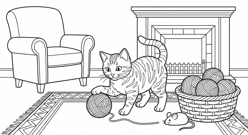 Playful Cat With Yarn Ball Coloring Page