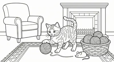 Playful Cat With Yarn Ball Coloring Page