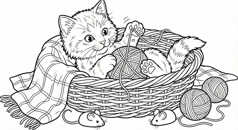 Adorable Kitten Playing in Basket Coloring Page