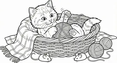 Adorable Kitten Playing in Basket Coloring Page