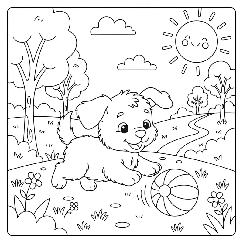Playful Puppy Adventure Coloring Page
