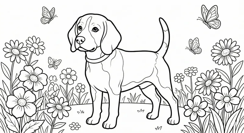 Cute Beagle In Garden Coloring Page For Kids