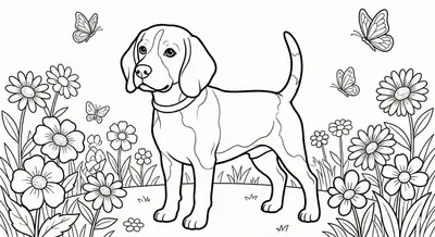Cute Beagle In Garden Coloring Page For Kids