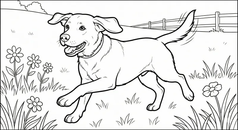 Playful Labrador Running In Field Coloring Page