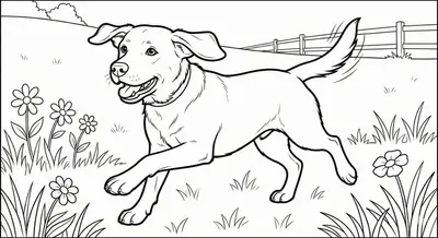 Playful Labrador Running In Field Coloring Page