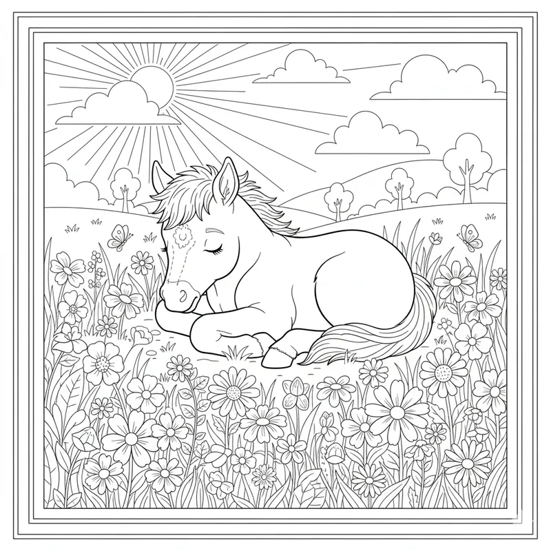Cute Foal Sleeping in a Meadow Coloring Page