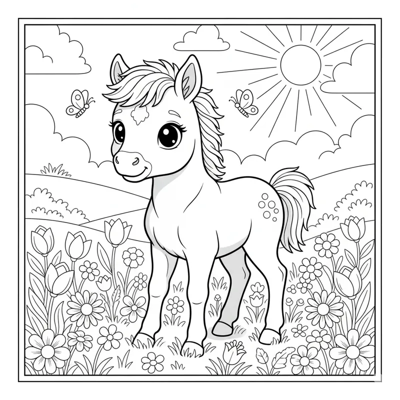 Cute Foal Playing in Flowers Coloring Page