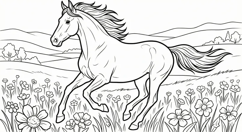 Galloping Horse In Flower Field Coloring Page