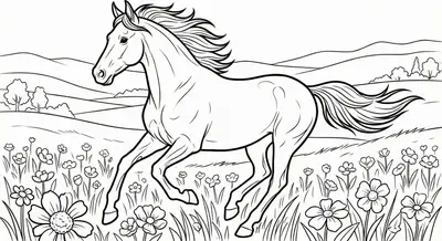 Galloping Horse In Flower Field Coloring Page