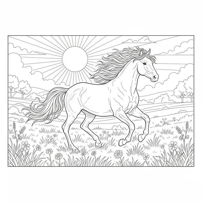 Galloping Horse in a Field Coloring Page