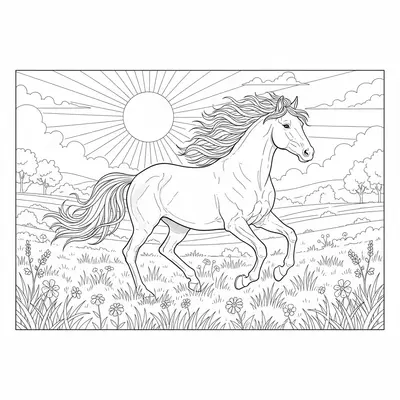 Galloping Horse in a Field Coloring Page