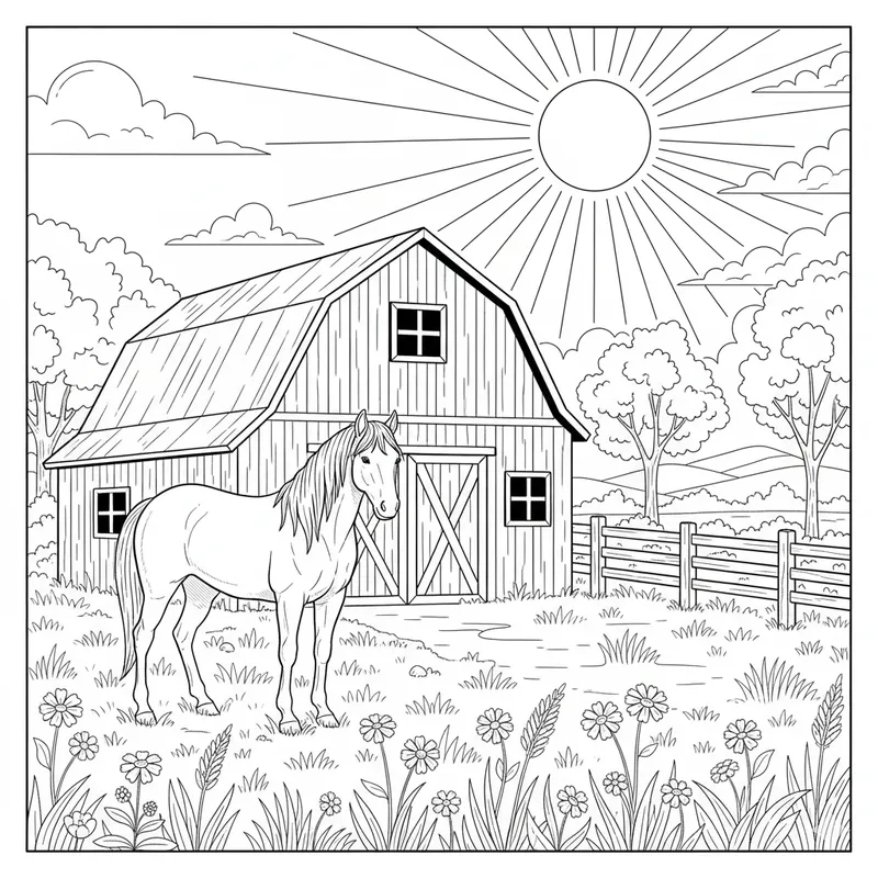 Farm Horse by Barn Coloring Page for Countryside Lovers