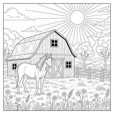 Farm Horse by Barn Coloring Page for Countryside Lovers