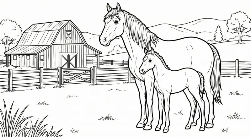 Mare And Foal On Farm Coloring Page
