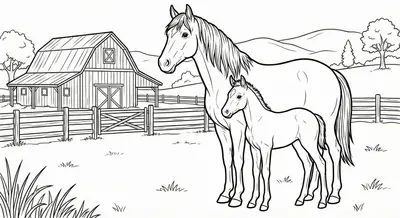 Mare And Foal On Farm Coloring Page
