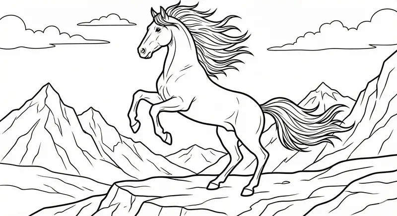 Majestic Rearing Horse On Mountain Coloring Page