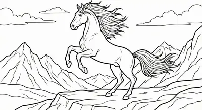 Majestic Rearing Horse On Mountain Coloring Page