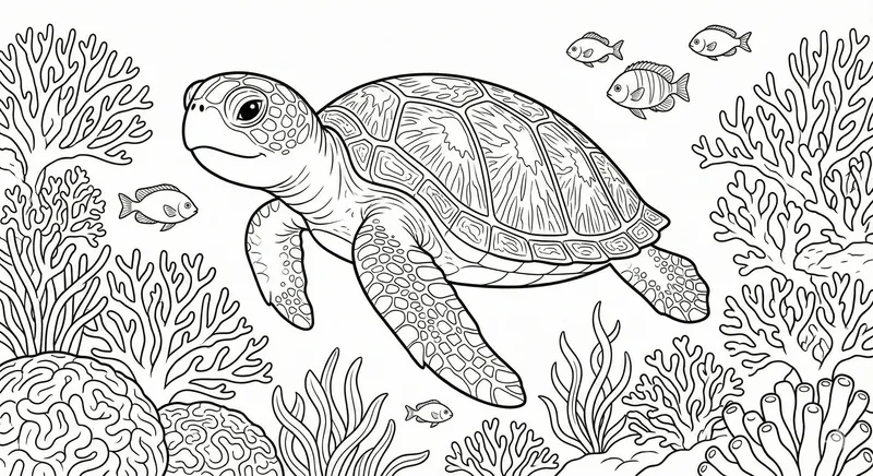 Printable Sea Turtle And Coral Reef Coloring Page