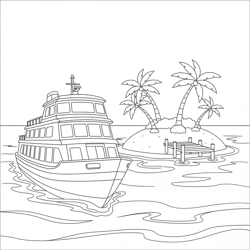 Ferry Approaching Tropical Island Coloring Page