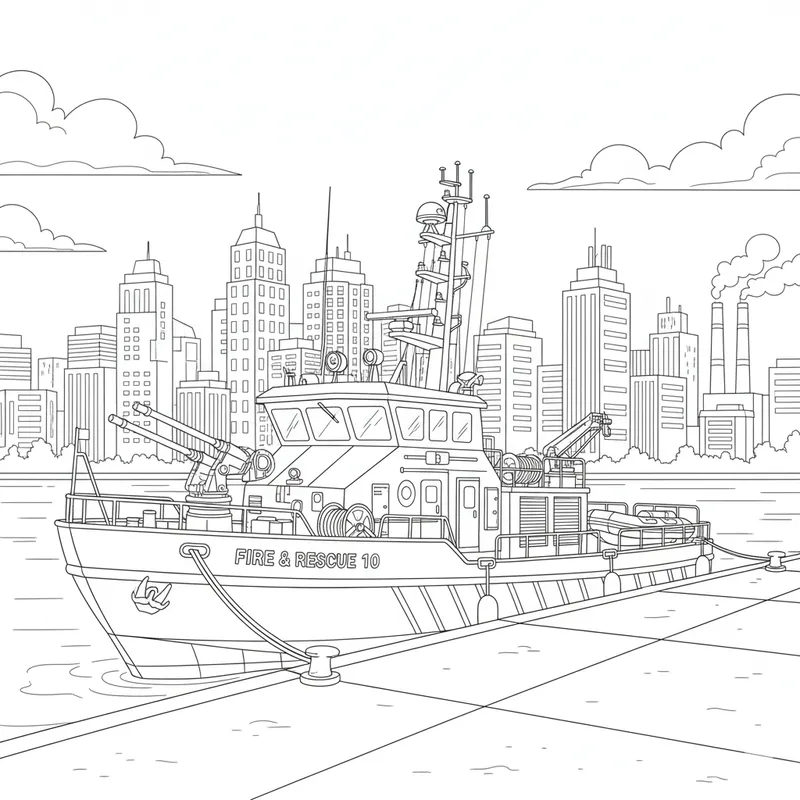 Detailed Firefighter Boat at Dock Coloring Page