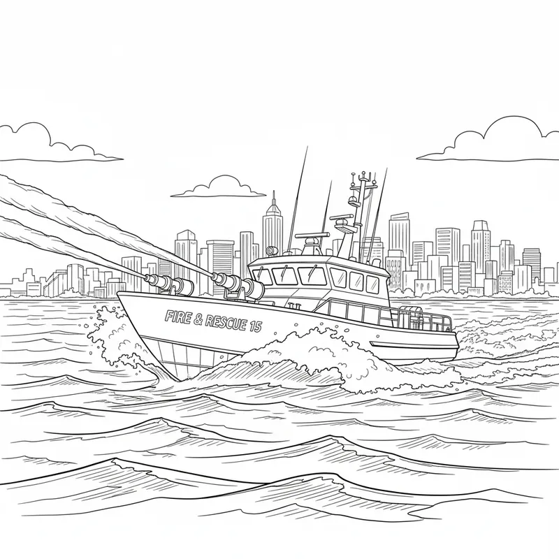 Dynamic Firefighter Boat Full Speed Ahead Coloring Page