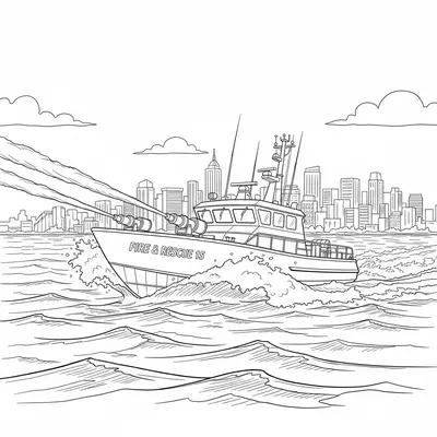 Dynamic Firefighter Boat Full Speed Ahead Coloring Page