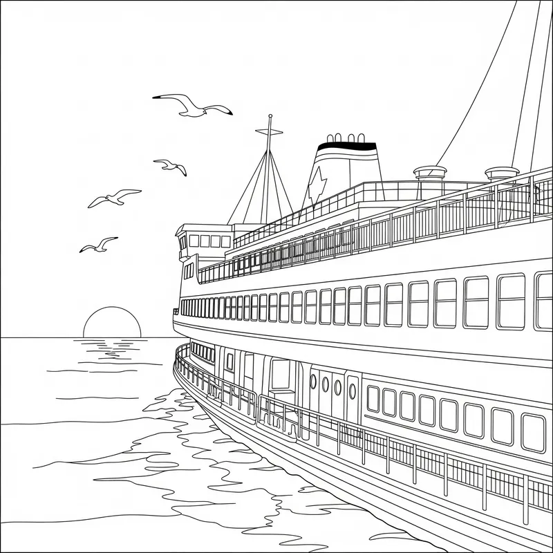 Majestic Ferry at Sunset Coloring Page Design