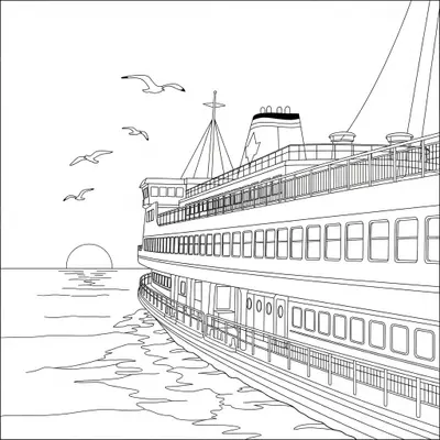 Majestic Ferry at Sunset Coloring Page Design