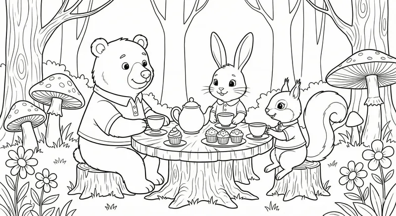 Woodland Animals Tea Party Coloring Page Printable