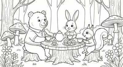 Woodland Animals Tea Party Coloring Page Printable
