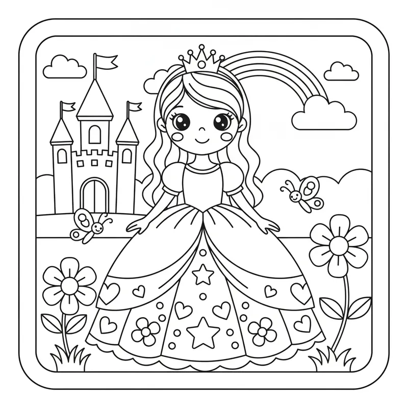Cute Princess with Rainbow and Castle Coloring Page for Elementary Kids