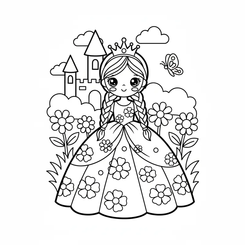 Simple Princess and Castle Coloring Page (Borderless)
