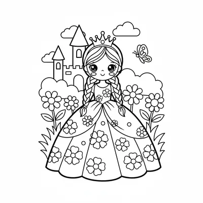 Simple Princess and Castle Coloring Page (Borderless)