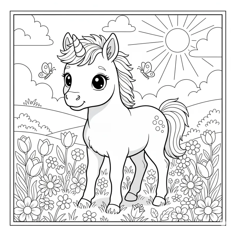 Cute Pony with Unicorn Horn Coloring Page for Kids