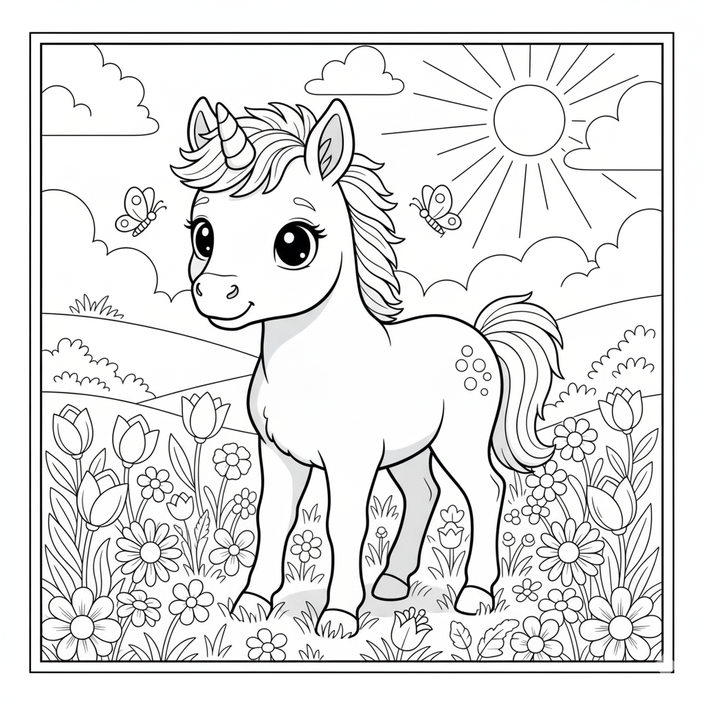 Cute Pony with Unicorn Horn Coloring Page for Kids - Free Coloring Page