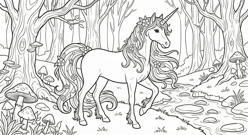 Magical Unicorn In Enchanted Forest Coloring Page