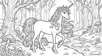 Magical Unicorn In Enchanted Forest Coloring Page